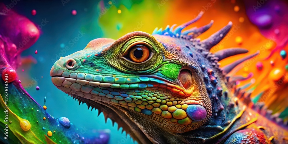 Obraz premium Colorful reptile head in a vibrant splash art with intricate eye-catching patterns and dynamic colors, set against a bold and contrasting background , vibrant, reptile