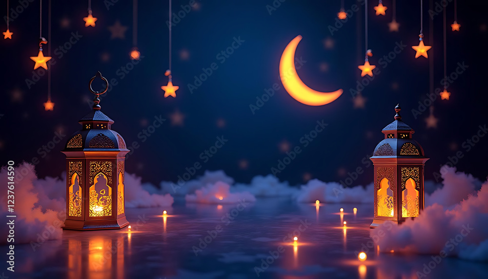 Ramadan Night Flat-Lay with Glowing Lanterns and Crescent Moon Ramadan Night Flat-Lay with Glowing Lanterns and Crescent Moon