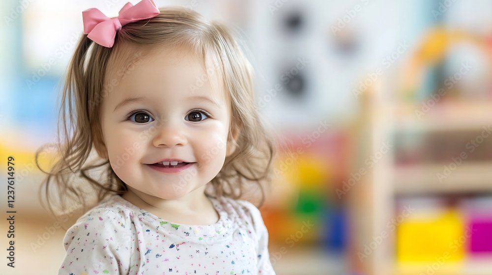 Adorable Smiling Toddler Girl with Pink Bow in Colorful Playroom Setting : Generative AI Adorable Smiling Toddler Girl with Pink Bow in Colorful Playroom Setting : Generative AI