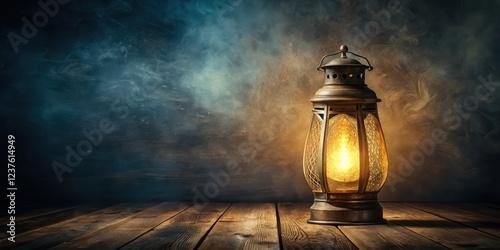 Ancient Mysterious Lamp with Glowing Aura in Dark Room, glowing lamp, eternal mystique