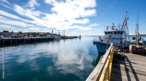 Idyllic Fishing Port Scene with Docked Boats under Bright Blue Sky and Sparking Waters on Sunny Day : Generative AI