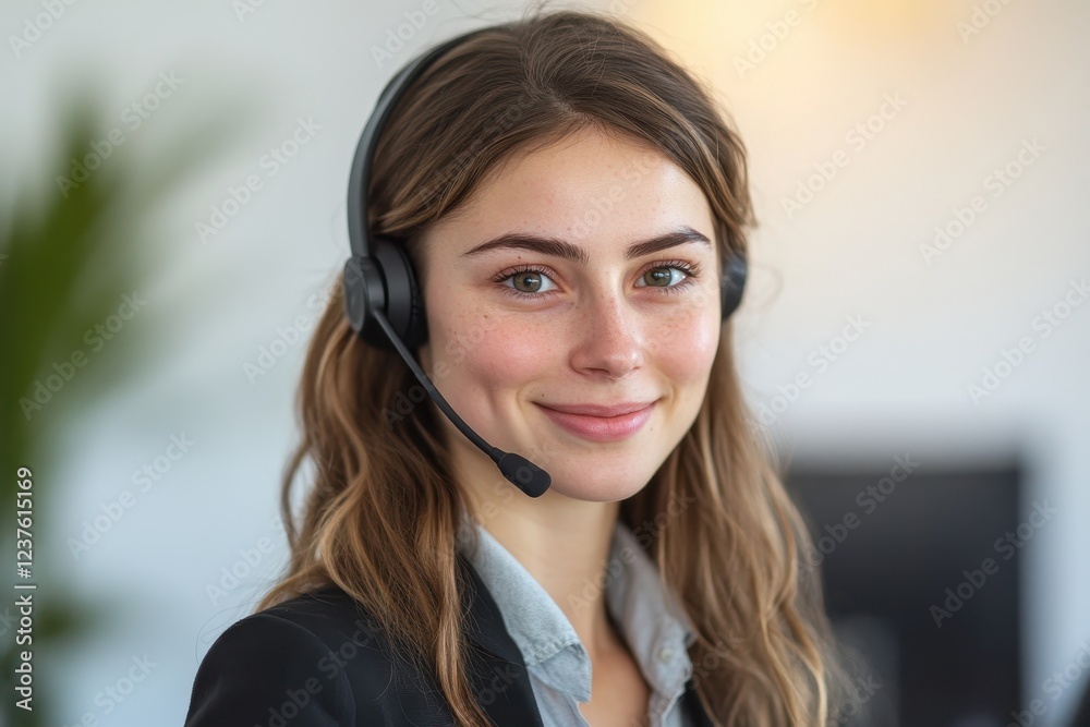Upright image of a welcoming woman working at a home call center Upright image of a welcoming woman working at a home call center