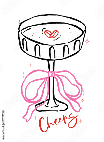 Whimsical Espresso Martini Glass with Bow and cherries Heart Outline Hand Drawn Groovy Retro Playful