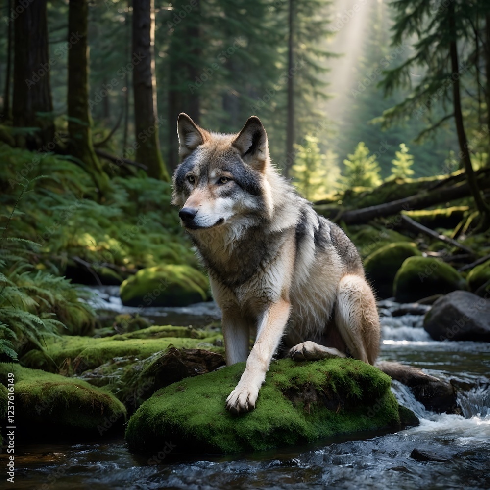 Peaceful Refuge: Young Cascade Mountain Wolf by the Stream in the Forest Peaceful Refuge: Young Cascade Mountain Wolf by the Stream in the Forest