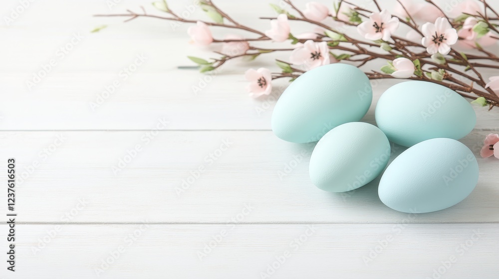 Pastel Easter Eggs and Spring Blossoms on White Wood Pastel Easter Eggs and Spring Blossoms on White Wood