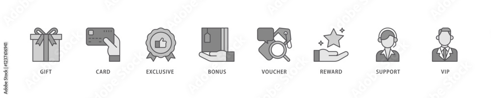 Loyalty program icon set flow process which consists of vip, support, bonus, reward, voucher, exclusive, card, gift icon live stroke and easy to edit . Loyalty program icon set flow process which consists of vip, support, bonus, reward, voucher, exclusive, card, gift icon live stroke and easy to edit .