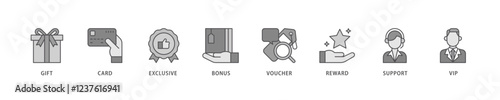 Loyalty program icon set flow process which consists of vip, support, bonus, reward, voucher, exclusive, card, gift icon live stroke and easy to edit .