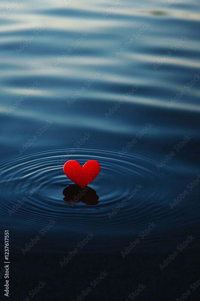 Fototapeta premium A single red love floating in the mid air above the surface of dark blue water, creating ripples that spread out like waves. 