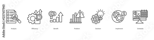 Selection Icon  Sheet Analysis, Efficiency, Benefit, Problem, Solution, Implement, Schedule