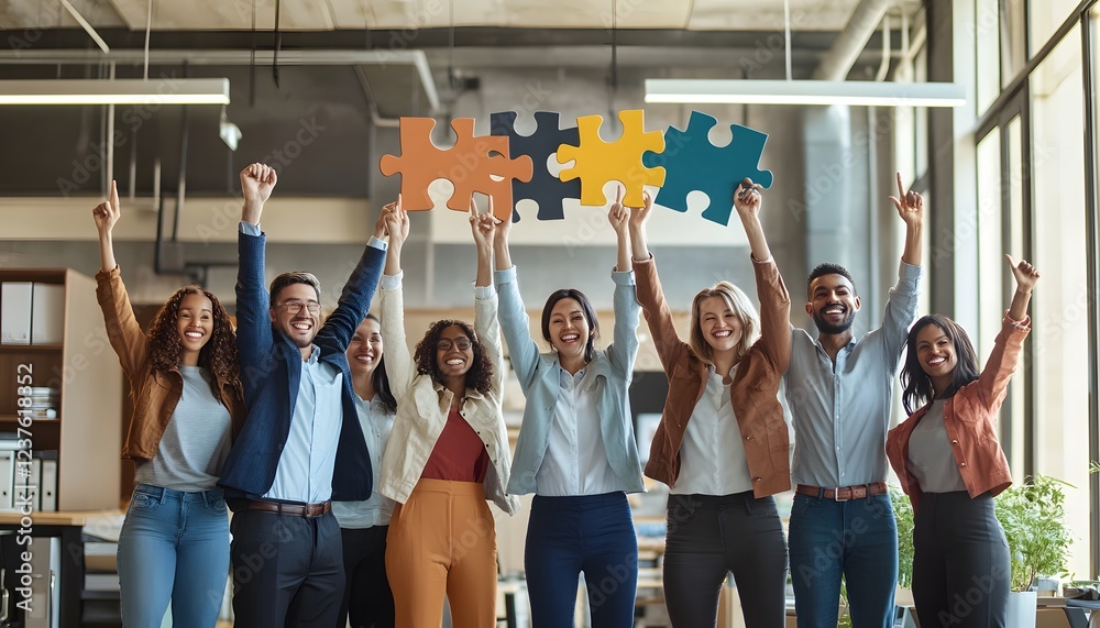 Fototapeta premium Diverse Team Celebrates Success Holding Interlocking Puzzle Pieces
