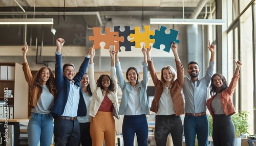 Diverse Team Celebrates Success Holding Interlocking Puzzle Pieces