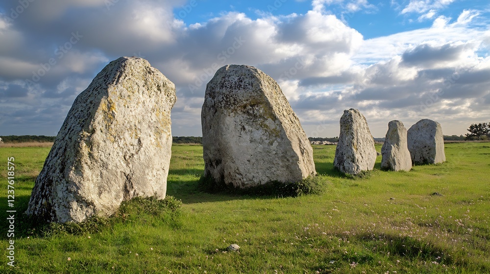 Ancient Stone Monoliths in Open Field Under Dramatic Cloudy Sky : Generative AI