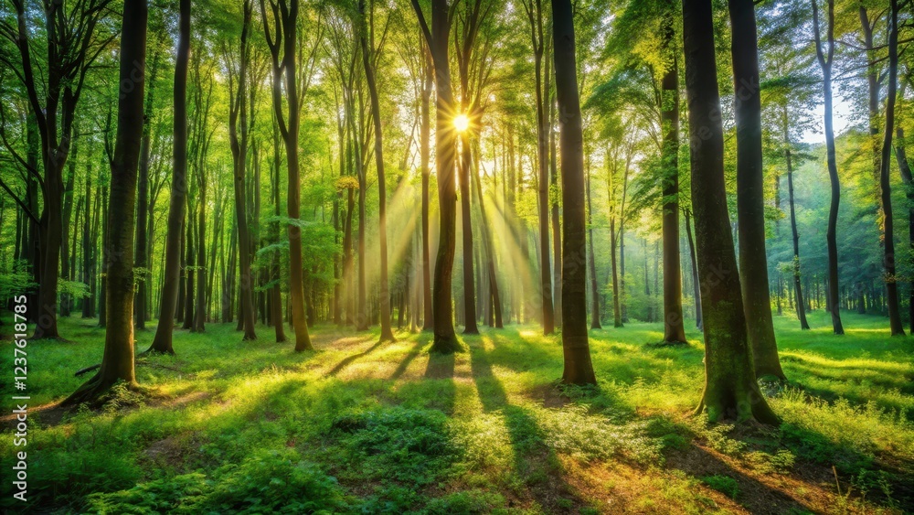 Obraz premium Warm sunlight casts dappled shadows on forest floor through dense canopy of tall trees with lush green foliage