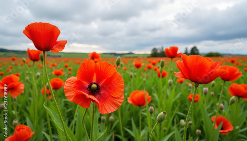 Poppies blooming in vibrant red field