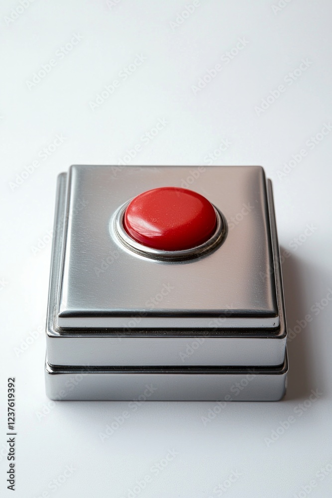 A square silver metal button box with a red button on the top, white background A square silver metal button box with a red button on the top, white background