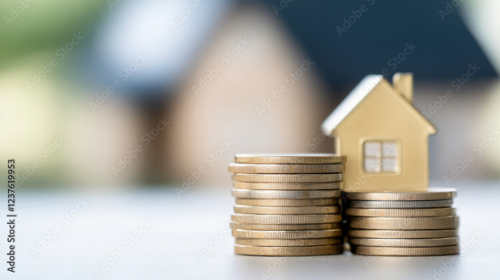 model house sits beside stacks of coins, symbolizing investment and savings in real estate. This conveys financial growth and home ownership aspirations model house sits beside stacks of coins, symbolizing investment and savings in real estate. This conveys financial growth and home ownership aspirations