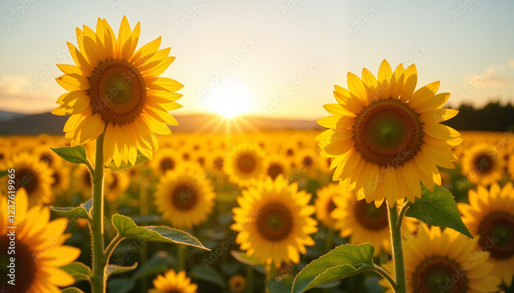Obraz premium Sunflowers blooming in golden field at sunrise