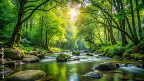 Tranquil water flows over rounded river rocks, surrounded by vibrant green foliage and towering trees with leafy canopies, in a serene forest setting, forest landscape, natural beauty