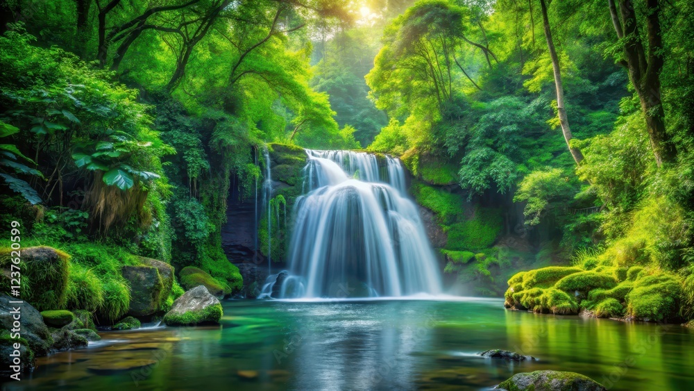 Obraz premium waterfall cascading down lush greenery, serene landscape, green forest