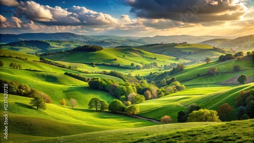 Serene rolling hills with lush green grassy area and a picturesque valley below