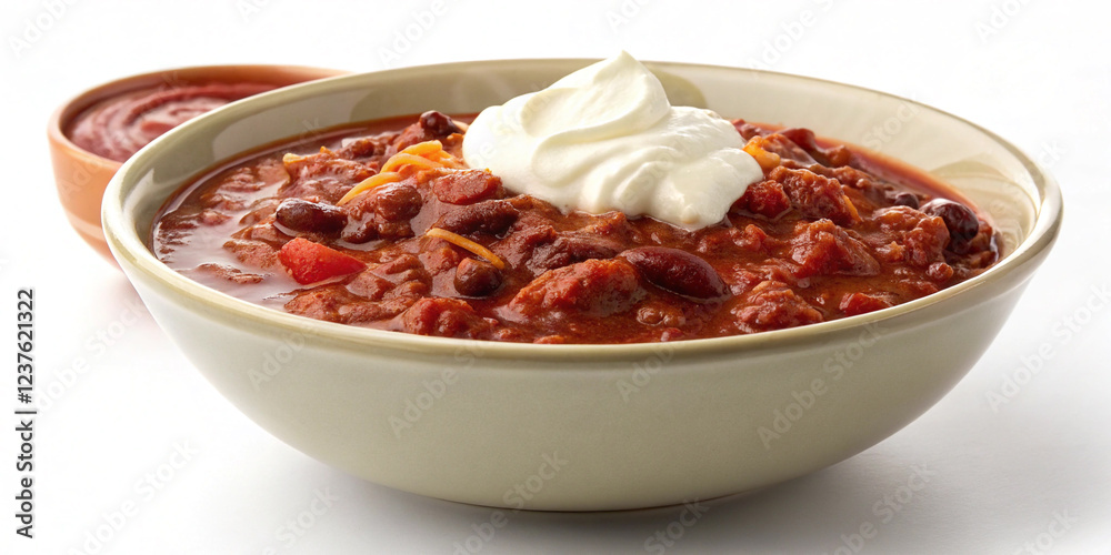 A Bowl of Chili with Sour Cream Isolated on a White Background for Spicy Delights A Bowl of Chili with Sour Cream Isolated on a White Background for Spicy Delights