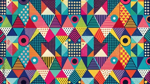 Bold, colorful, and playful design featuring a mix of triangles, circles, and zigzags in a seamless pattern , patterns