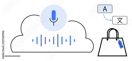 Microphone above cloud with sound waves, text translation A to foreign character, shopping bag with tag. Ideal for voice assistants, e-commerce, AI translation, global market, speech recognition