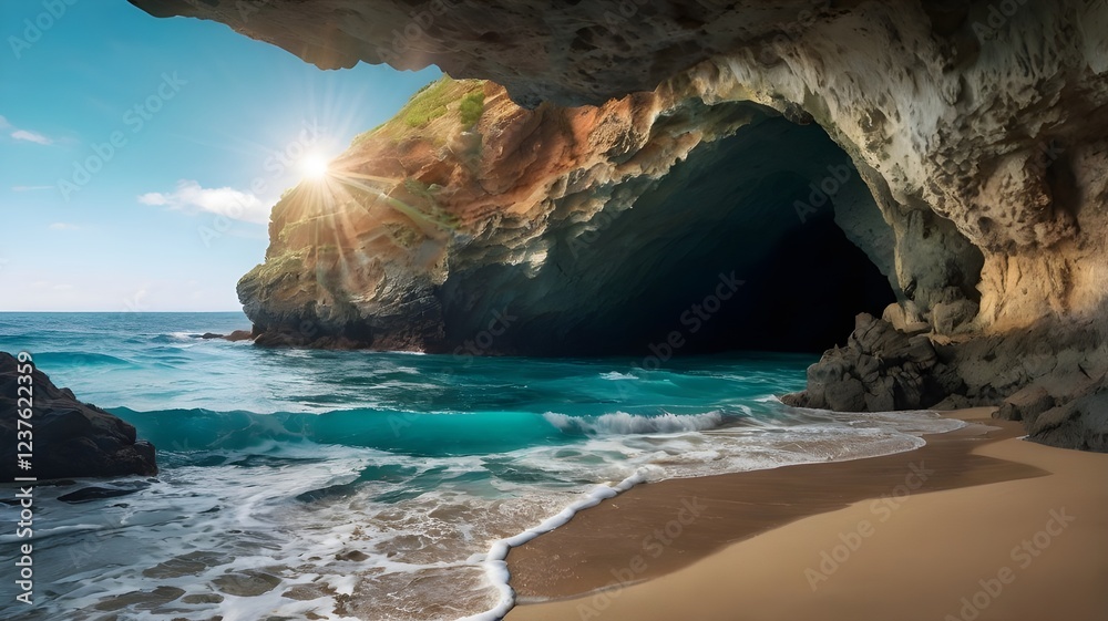 Naklejka premium A secret beach inside a cave, with a hole in the ceiling letting in sunlight and turquoise waves. 