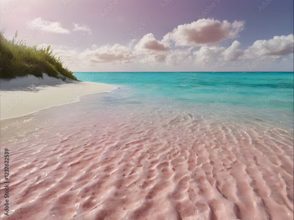 A surreal shoreline where the soft pink sand meets crystal-clear waters under a sunny sky.