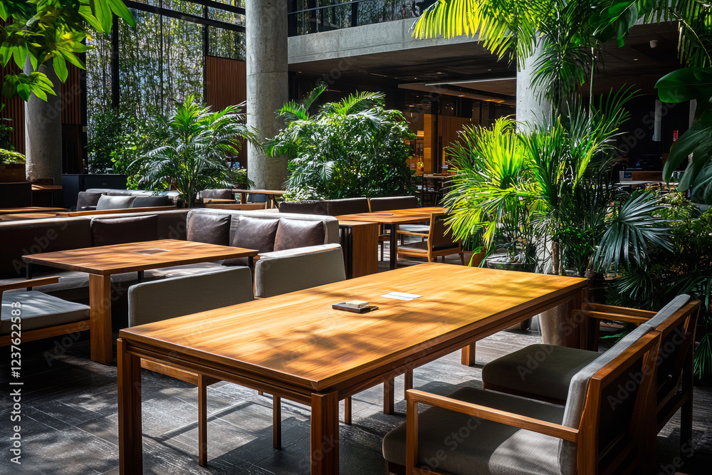 Fototapeta premium Modern eco-friendly restaurant interior with natural wood furniture and lush greenery