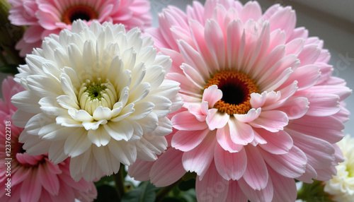 Pink and white gerbera daisies in a floral arrangement
