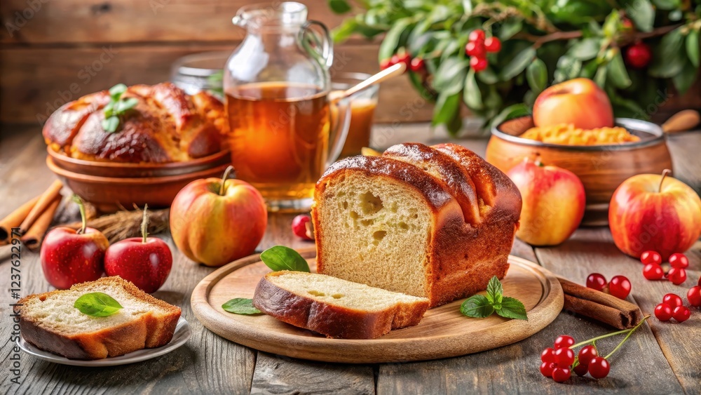Traditional Rosh Hashanah sweet breads displayed on a festive table setting, sweet breads Traditional Rosh Hashanah sweet breads displayed on a festive table setting, sweet breads