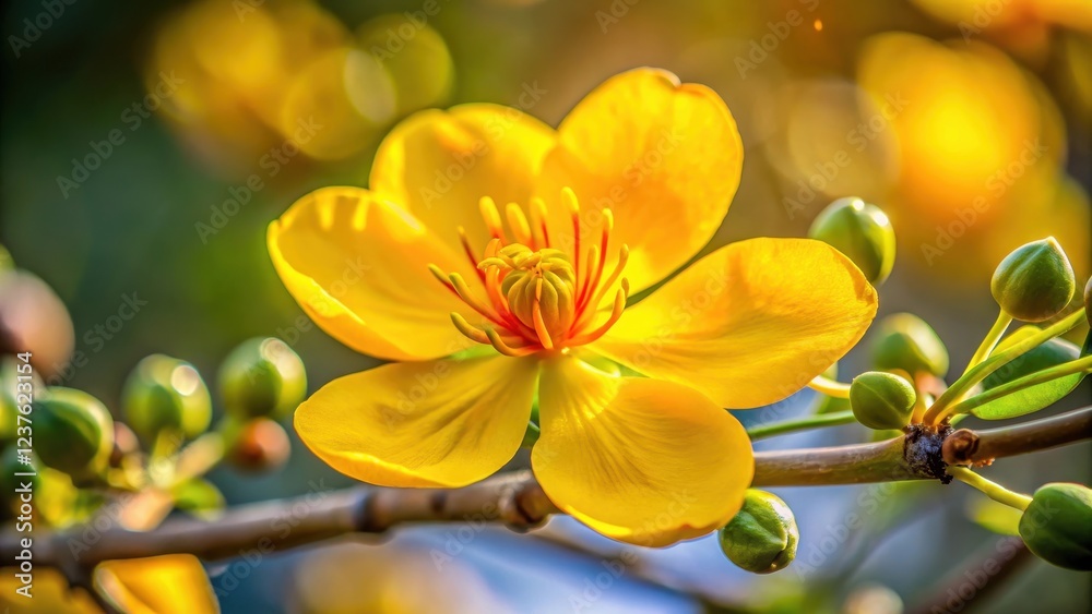 Fototapeta premium Yellow Ochna Integerrima Flower Closeup with Petals Unfolding Slowly in Warm Light , nature's beauty, flowering plant