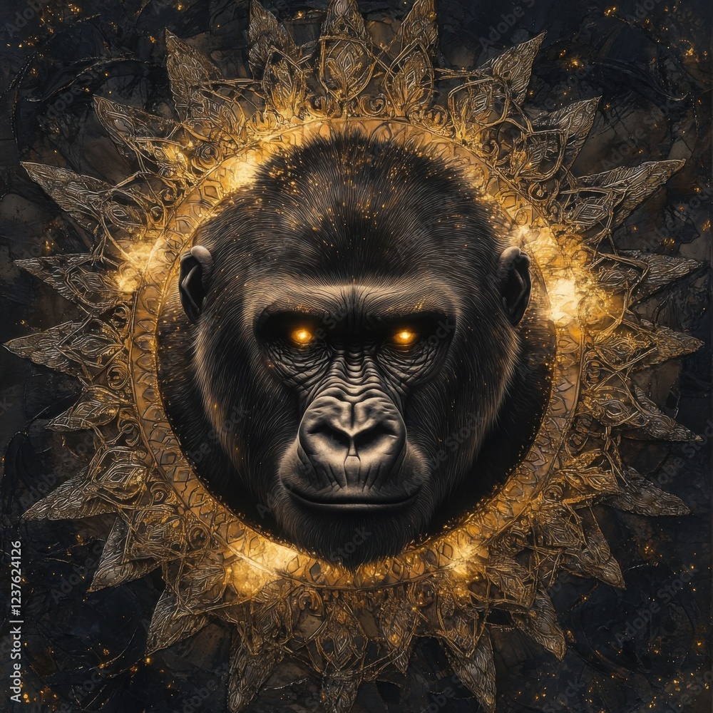 Obraz premium Majestic Gorilla Head Surrounded by Intricate Glowing Mandala Design