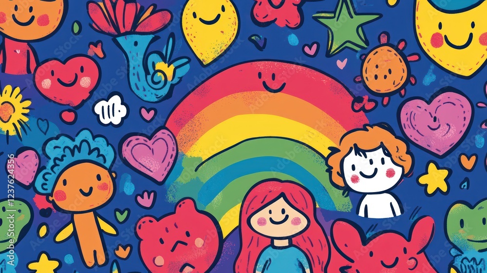 Joyful kids rainbow doodles, happy background, children's book illustration Joyful kids rainbow doodles, happy background, children's book illustration