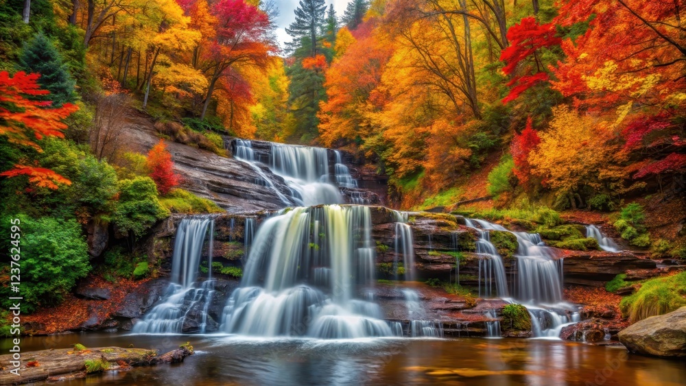 Obraz premium Autumnal waterfall surrounded by vibrant fall colors in lush forest, scene, foliage, scene