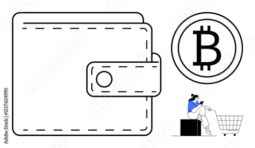 Large wallet, Bitcoin coin symbol, person on phone with shopping cart. Ideal for finance, digital currency, online shopping, technology, ecommerce investments mobile payments. Abstract line flat