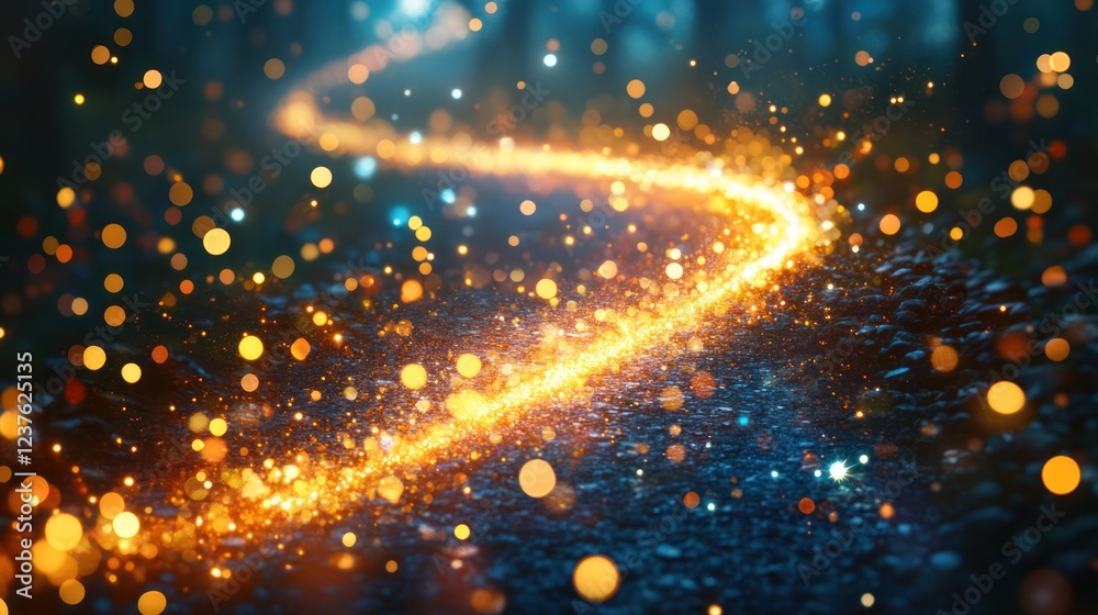 Fototapeta premium Glowing path winding through dark forest, magical sparkles, fantasy design