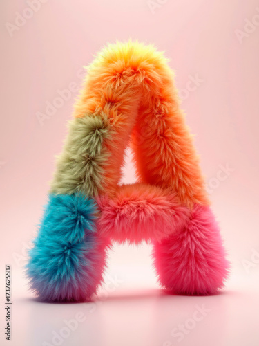 The letter A is covered in fluffy soft fur with cute and creative design on pastel background