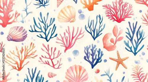 Fototapeta Naklejka Na Ścianę i Meble -  Watercolor coral reef seamless pattern background