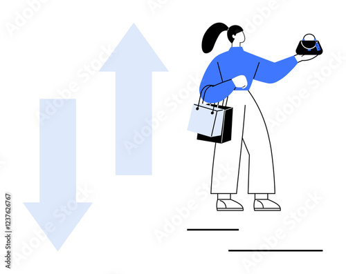 Woman holding shopping bags and purse with large arrows indicating rise and fall. Ideal for e-commerce, retail trends, consumer behavior, fashion, spending habits, economic impact, market analysis