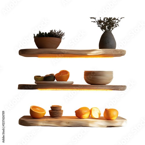 Floating Wooden Shelf with Oranges and Lemons Isolated on Transparent Background photo