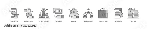 Mobile banking icon set flow process which consists of transfer, withdraw, investment, payment, loan, exchange, shopping, verified and top-up icon live stroke and easy to edit .
