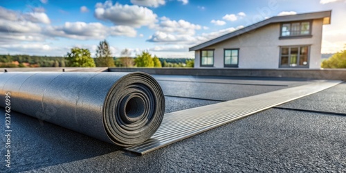 Flexible roll of EPDM rubber material unrolling on a modern asphalt shingle roof with sleek architectural lines and minimal overhangs , roofing material, epdm rubber