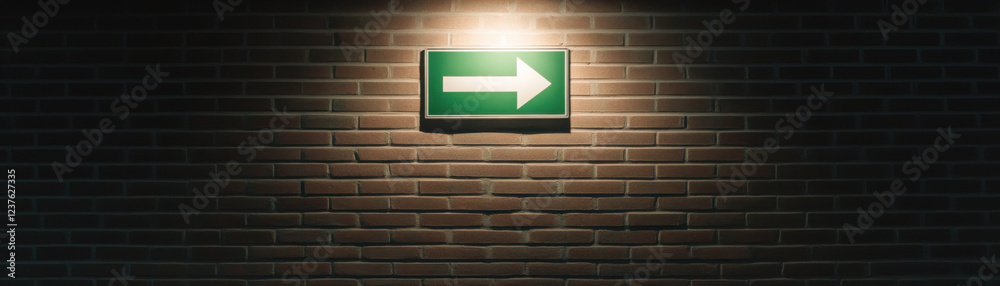 Obraz premium green emergency exit sign with arrow pointing right illuminates brick wall, providing clear guidance in dark environment