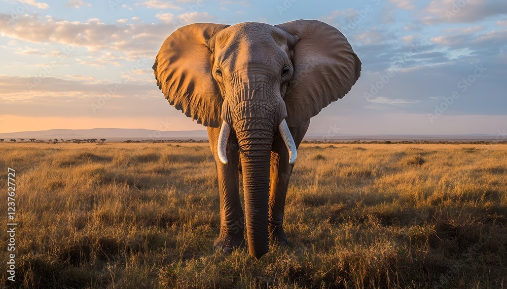 Fototapeta premium Majestic African Elephant at Sunset in Savannah Grassland