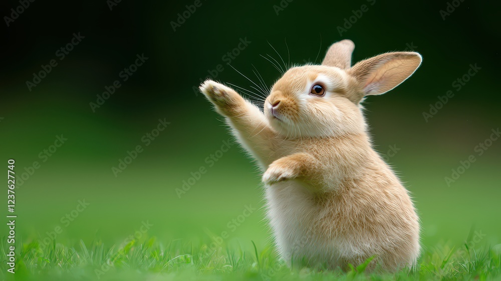 A cute rabbit stands in a green field, raising its paw in an adorable gesture, showcasing its playful nature. A cute rabbit stands in a green field, raising its paw in an adorable gesture, showcasing its playful nature.