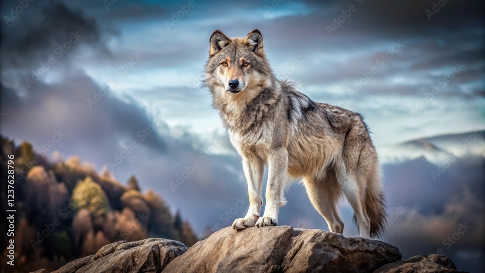 Fototapeta premium A lone wolf stands atop a rocky outcropping, its fur fluffed and hackles raised as it surveys its surroundings with a fierce and intimidating gaze , landscape, angry