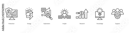 Work Icon Sheet Protection, Energy, Exploration, Insight, Research, Knowledge, Support