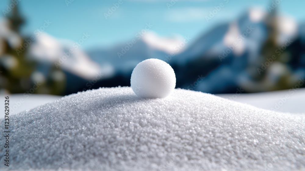 A pristine snow landscape featuring a single snowball resting on a smooth white surface, framed by distant mountains. A pristine snow landscape featuring a single snowball resting on a smooth white surface, framed by distant mountains.